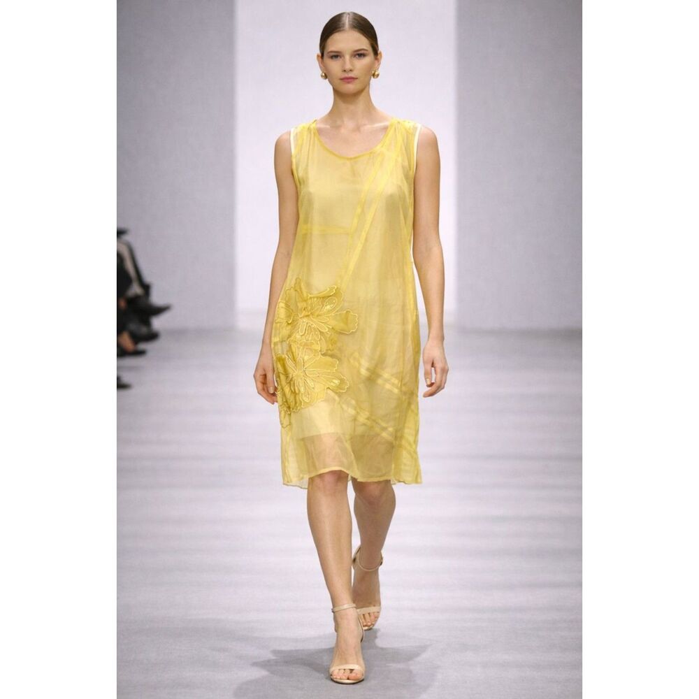 MARTINE SITBON Vintage Floral Overlay Mini‎ Dress Yellow Sz 42 (US 6)
